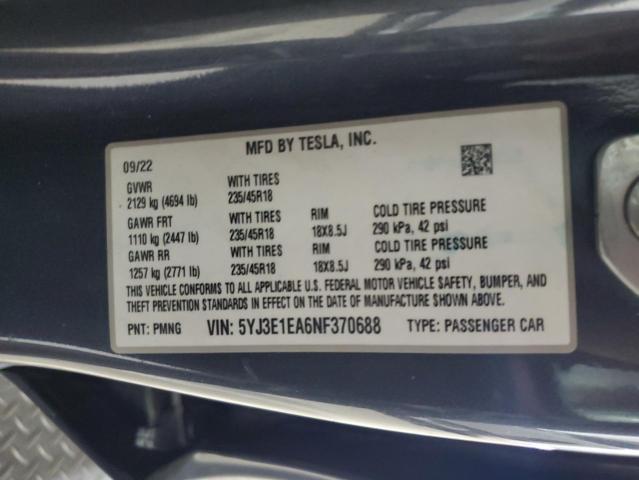 2022 TESLA MODEL 3 5YJ3E1EA6NF370688