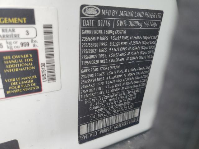 2016 LAND ROVER RANGE ROVE SALWG2VF9GA575130