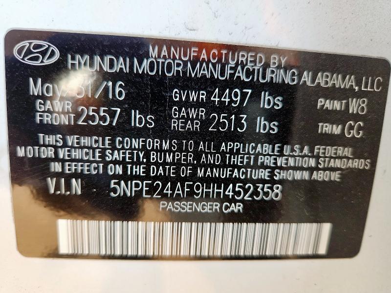 2017 HYUNDAI SONATA SE 5NPE24AF9HH452358
