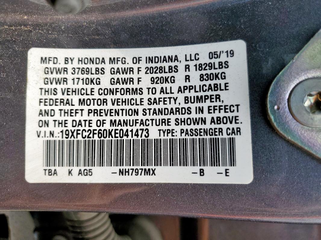 2019 HONDA CIVIC LX - 19XFC2F60KE041473