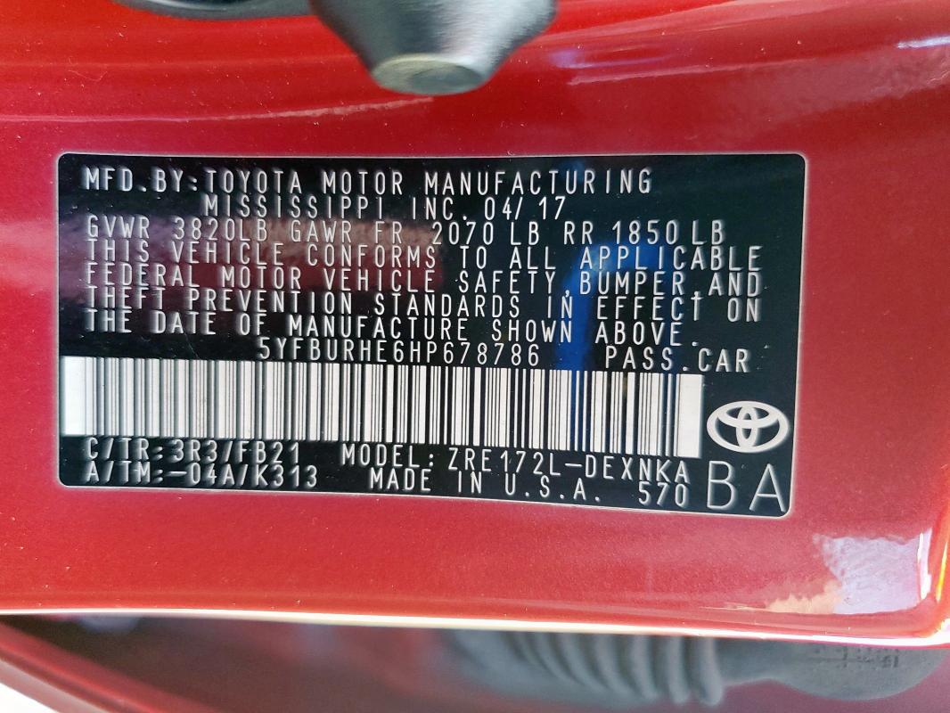 2017 TOYOTA COROLLA L 5YFBURHE6HP678786