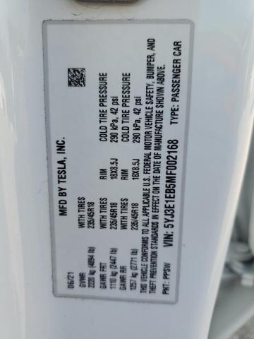 2021 TESLA MODEL 3 5YJ3E1EB5MF002168