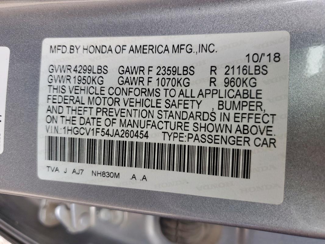 2018 HONDA ACCORD EXL 1HGCV1F54JA260454