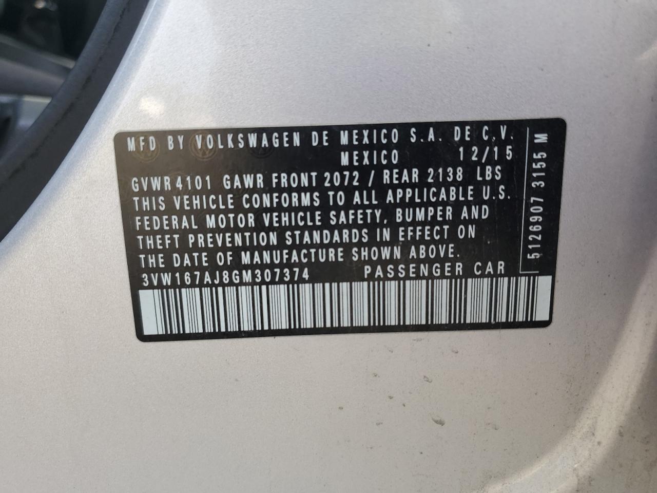 Lot #3240105573 2016 VOLKSWAGEN JETTA S