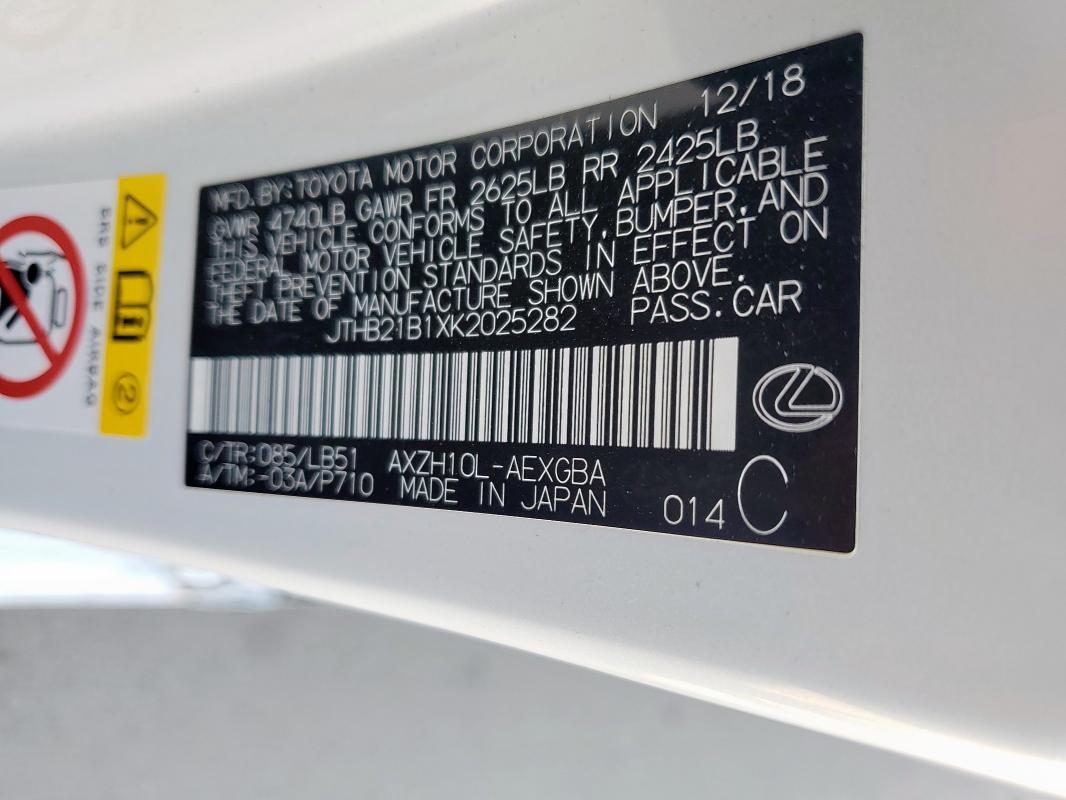 2019 LEXUS ES 300H JTHB21B1XK2025282