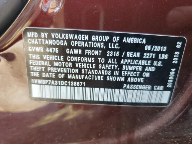 2013 VOLKSWAGEN PASSAT SE - 1VWBP7A31DC138671