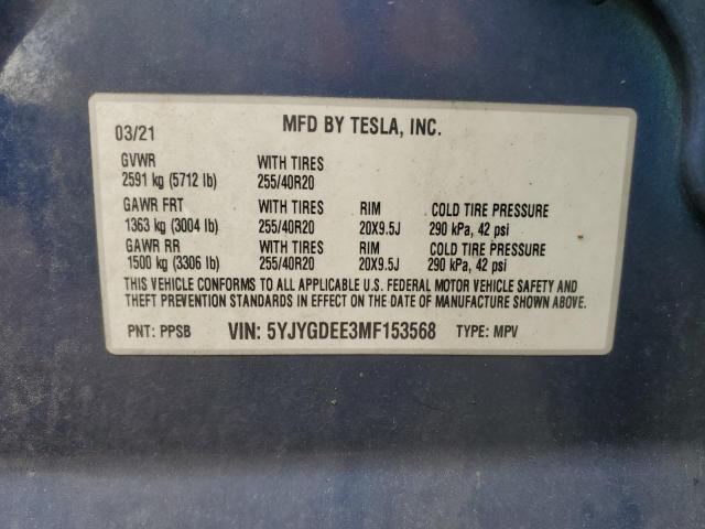 2021 TESLA MODEL Y - 5YJYGDEE3MF153568