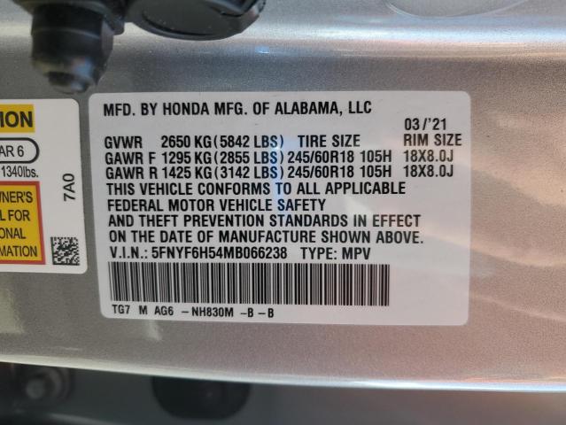 2021 HONDA PILOT EXL 5FNYF6H54MB066238