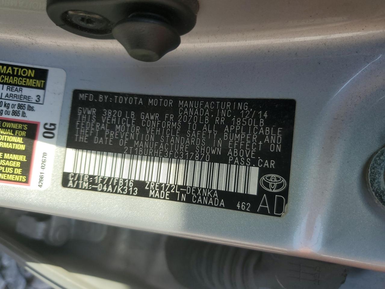 Lot #3308348062 2015 TOYOTA COROLLA L