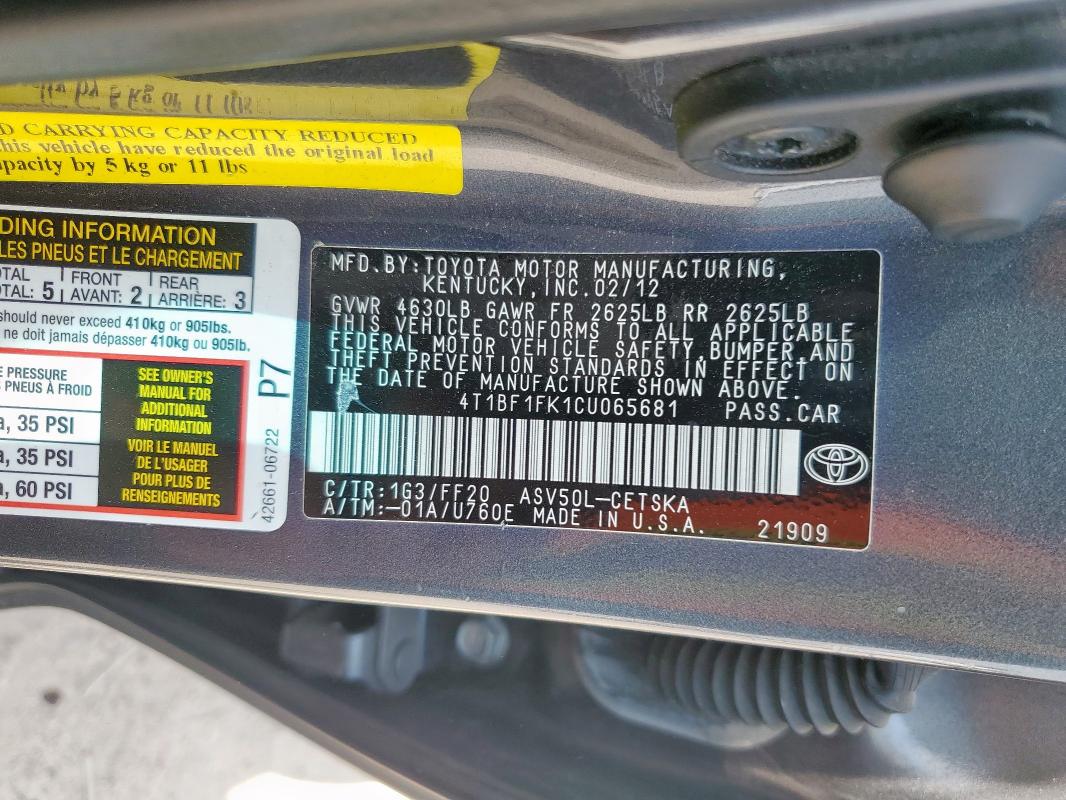 2012 TOYOTA CAMRY BASE - 4T1BF1FK1CU065681
