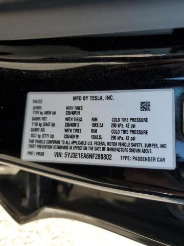 2022 TESLA MODEL 3 5YJ3E1EA6NF288802