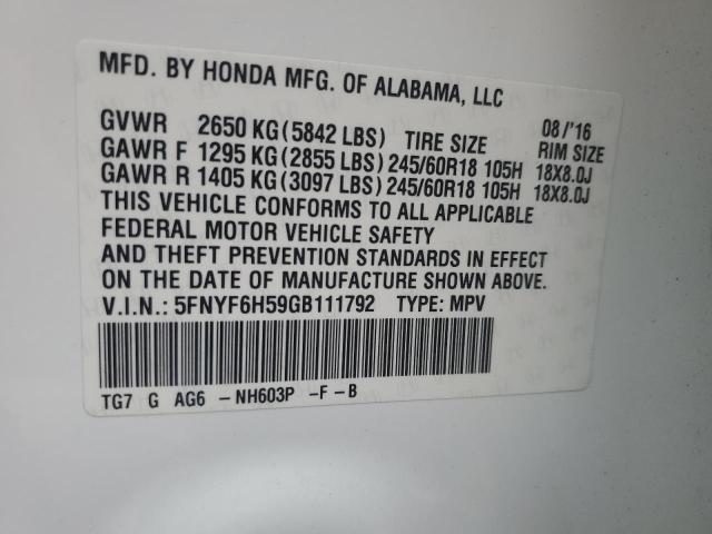 2016 HONDA PILOT EXL 5FNYF6H59GB111792
