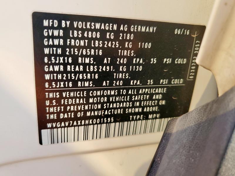 2017 VOLKSWAGEN TIGUAN S WVGAV7AX8HK001595