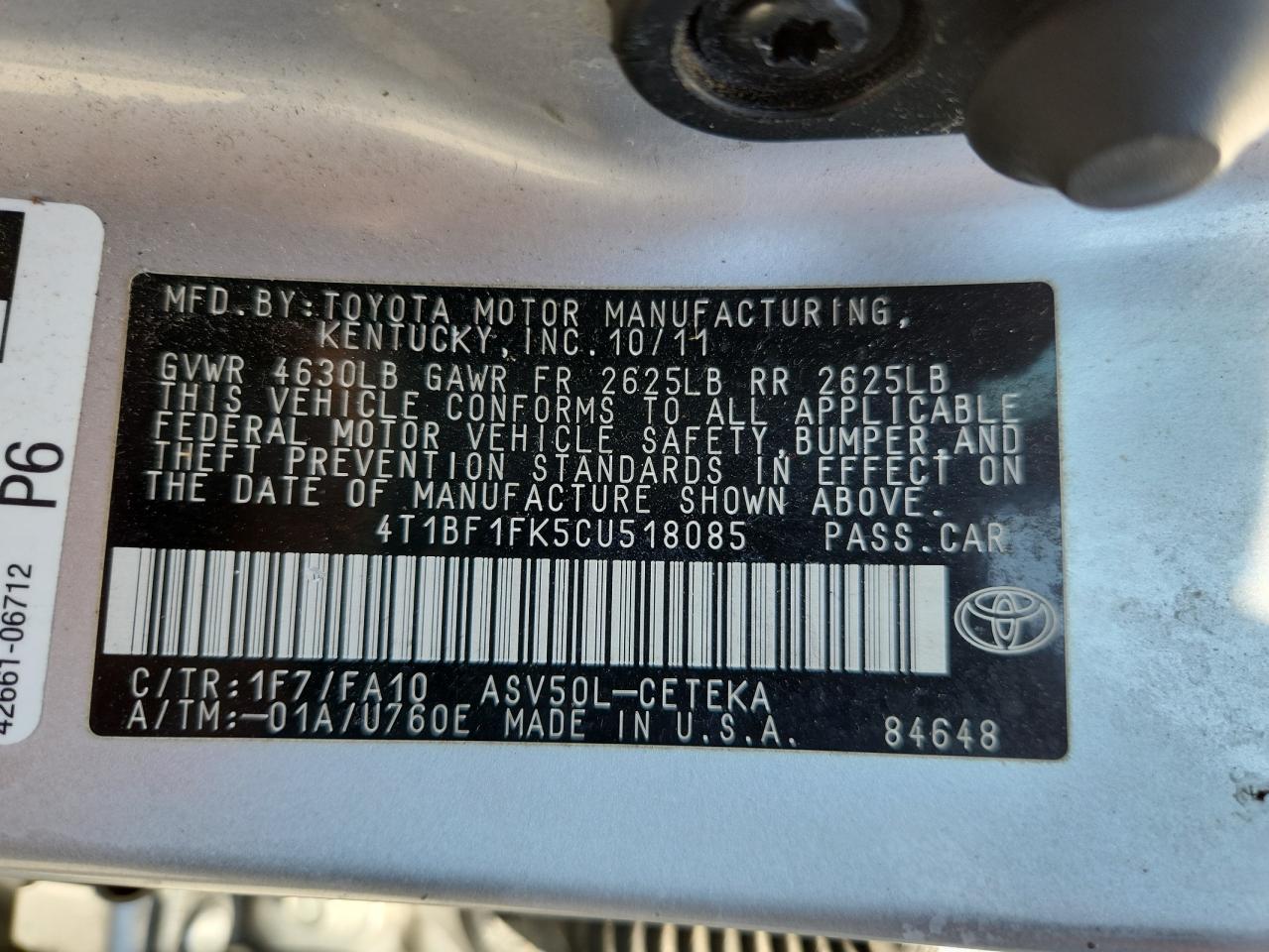 Lot #3309389989 2012 TOYOTA CAMRY BASE