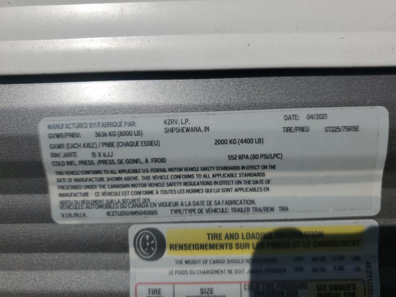 Lot #3298121156 2021 KZ S PORTSMEN TRAVEL TRAI