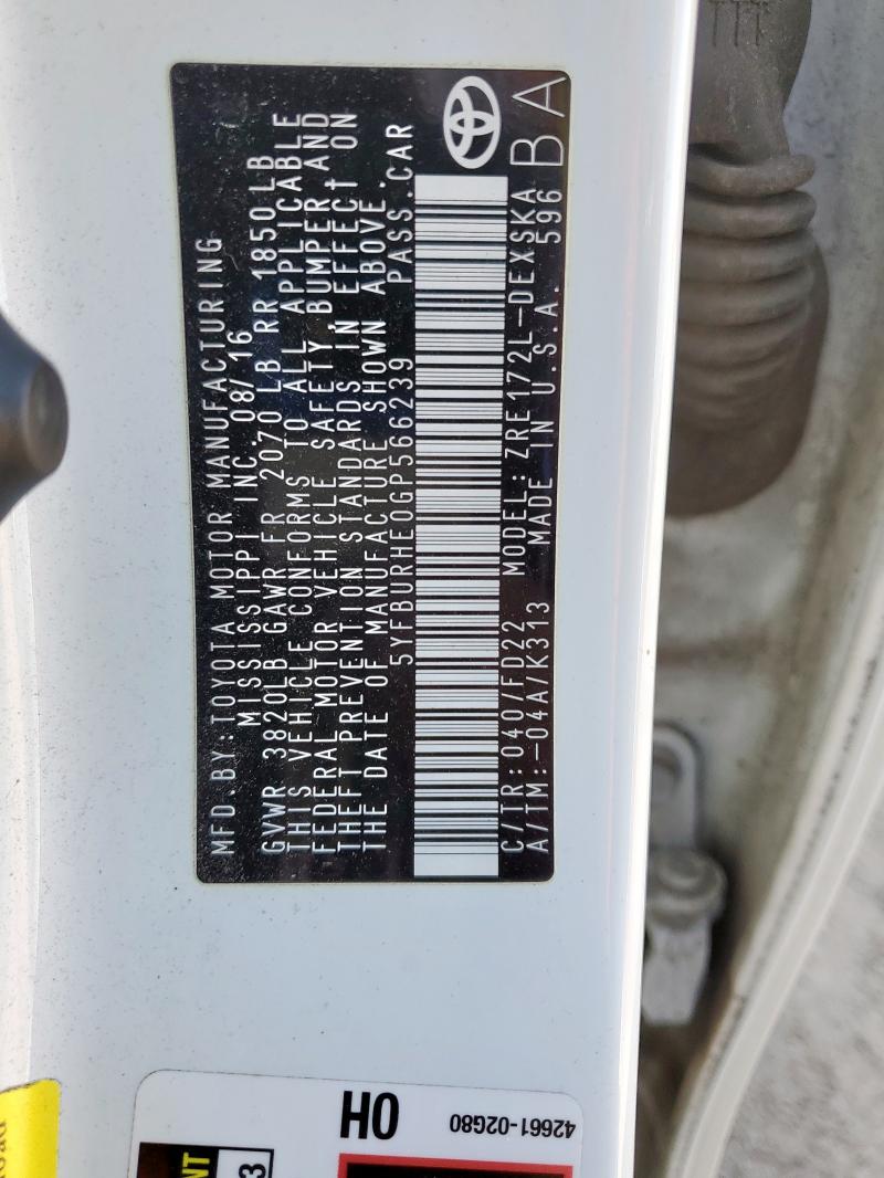 2016 TOYOTA COROLLA L - 5YFBURHE0GP566239