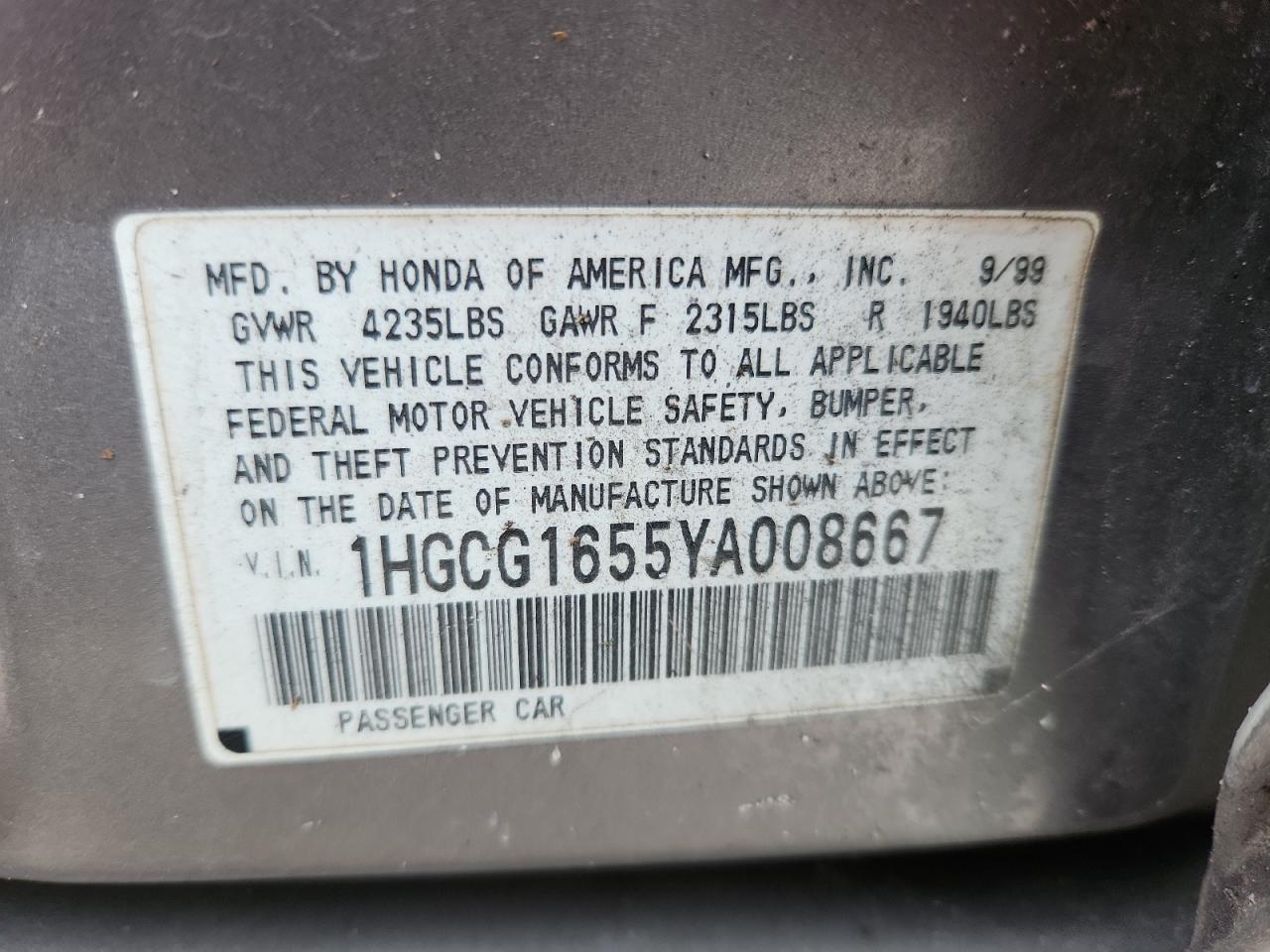 Lot #3304622473 2000 HONDA ACCORD EX