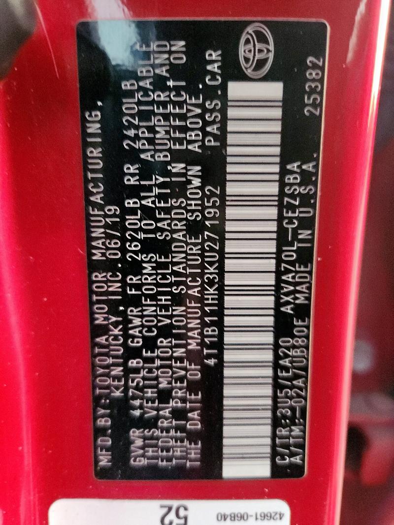 2019 TOYOTA CAMRY L 4T1B11HK3KU271952