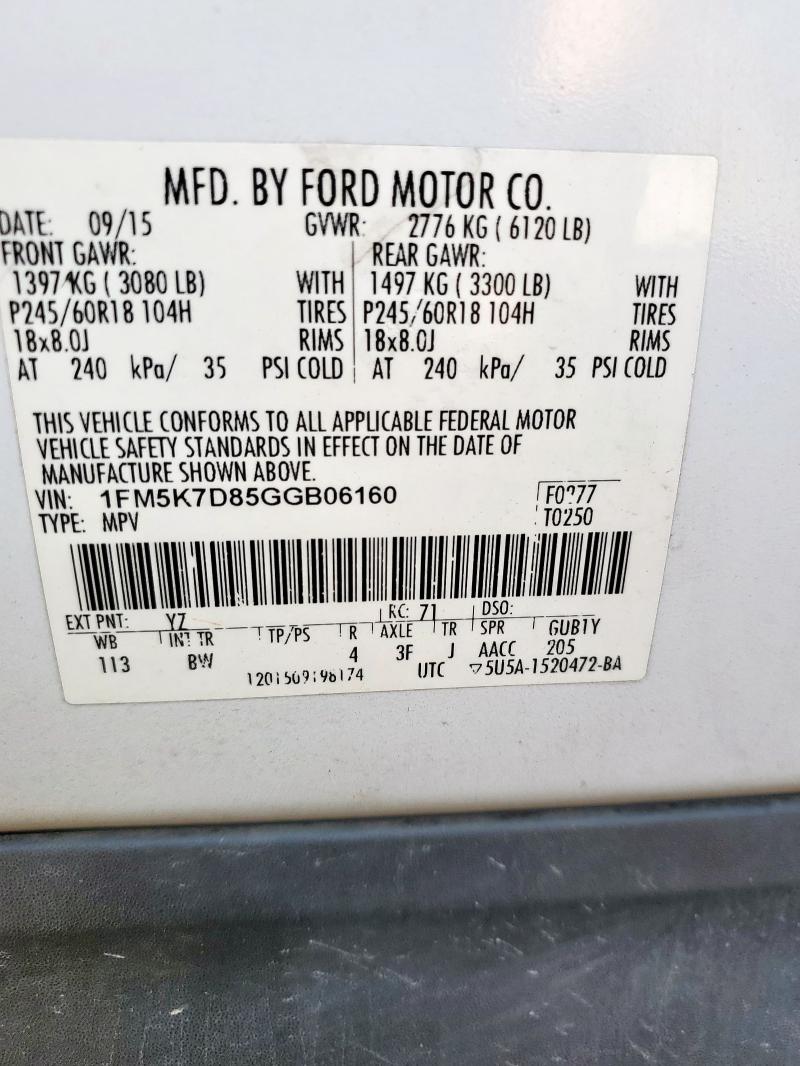 2016 FORD EXPLORER X 1FM5K7D85GGB06160