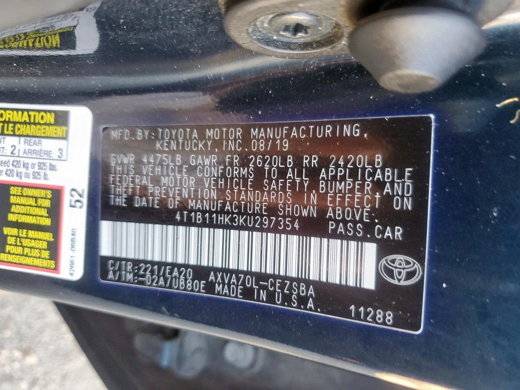 2019 TOYOTA CAMRY L 4T1B11HK3KU297354