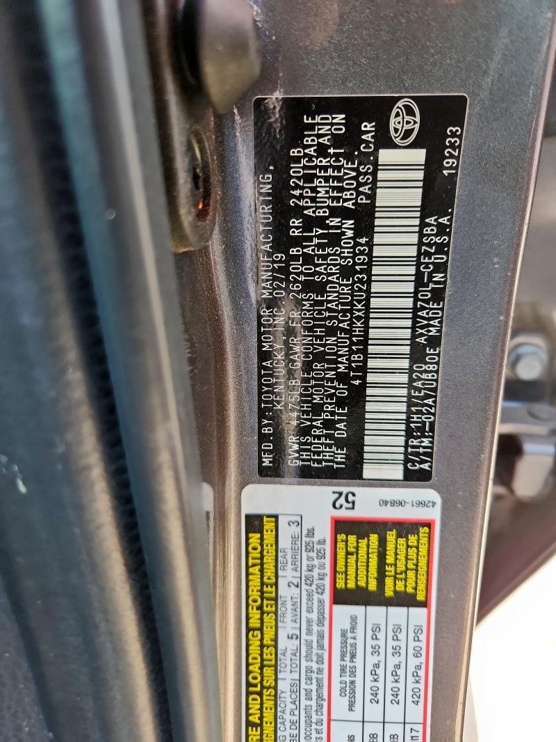2019 TOYOTA CAMRY SE 4T1B11HKXKU231934
