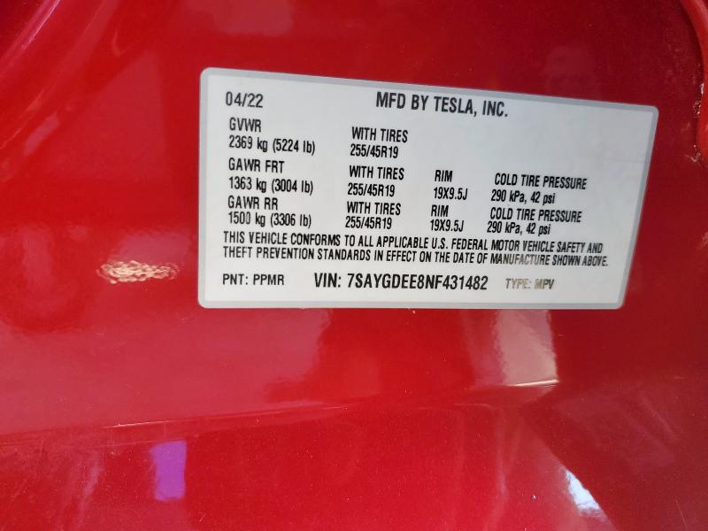2022 TESLA MODEL Y 7SAYGDEE8NF431482