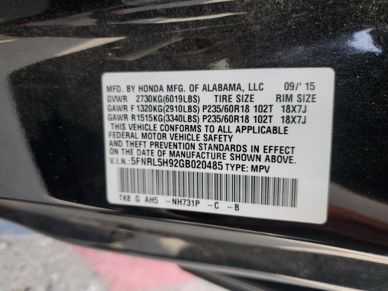 Lot #3309561560 2016 HONDA ODYSSEY TO