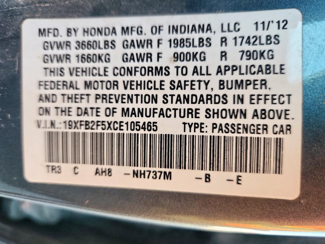 2012 HONDA CIVIC LX - 19XFB2F5XCE105465