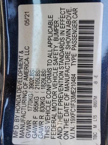 2021 HONDA CIVIC EX 19XFC1F33ME210484