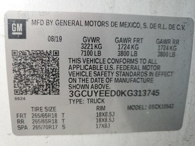 2019 CHEVROLET SILVERADO 3GCUYEED0KG313745