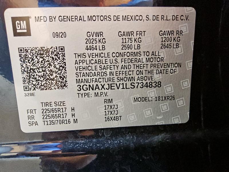 2020 CHEVROLET EQUINOX LT 3GNAXJEV1LS734838