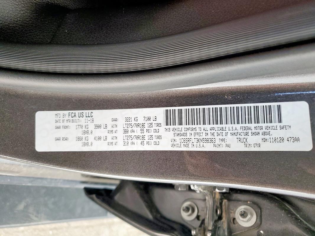 2019 RAM 1500 REBEL 1C6SRFLT3KN598363