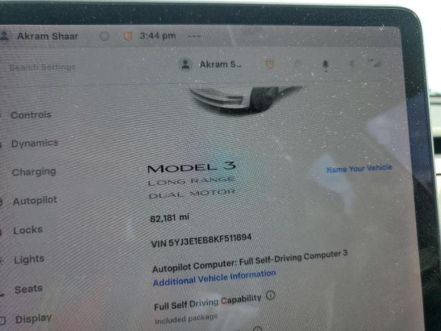 2019 TESLA MODEL 3 5YJ3E1EB8KF511894
