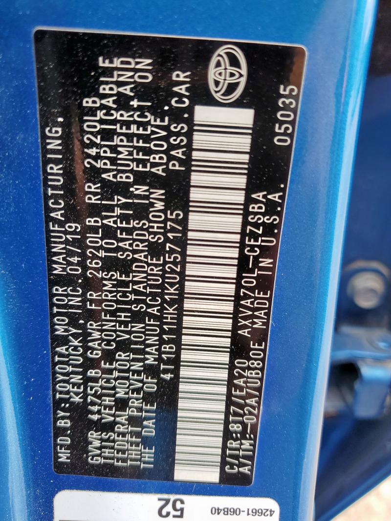 2019 TOYOTA CAMRY L #3278902080