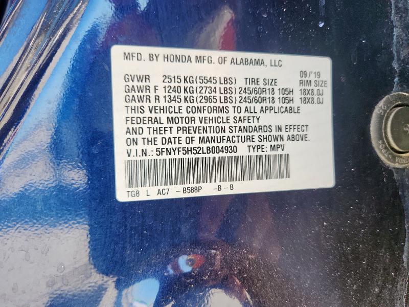 2020 HONDA PILOT EXL 5FNYF5H52LB004930