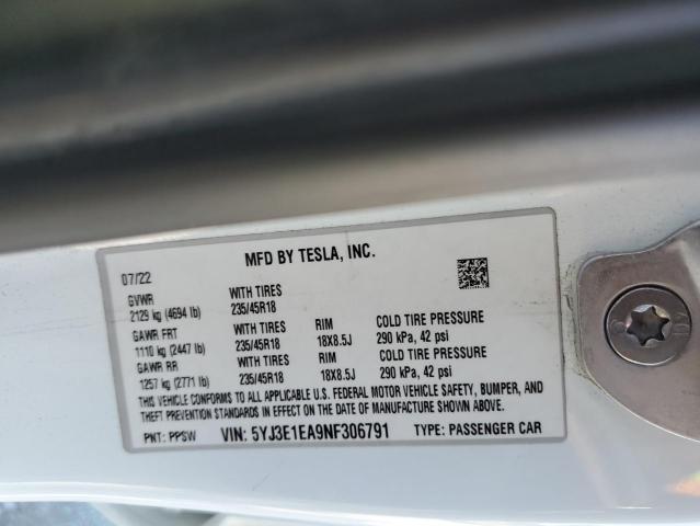 2022 TESLA MODEL 3 5YJ3E1EA9NF306791