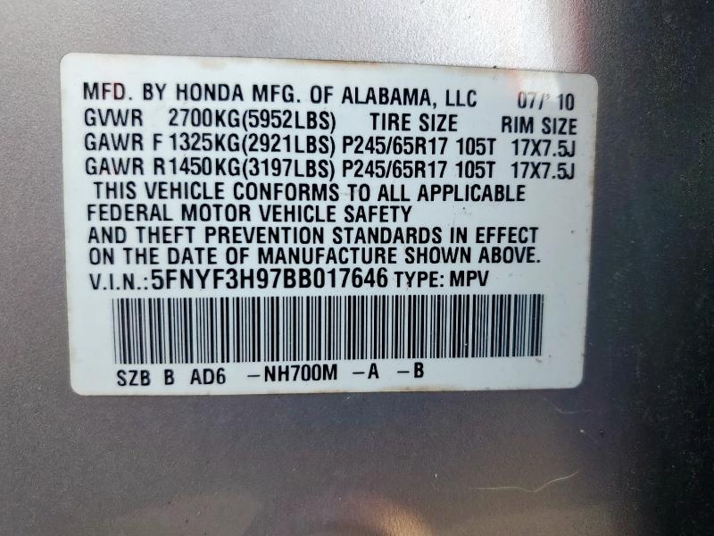 2011 HONDA PILOT TOUR - 5FNYF3H97BB017646