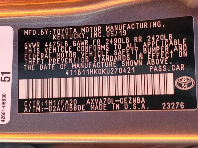 2019 TOYOTA CAMRY L - 4T1B11HK0KU270421