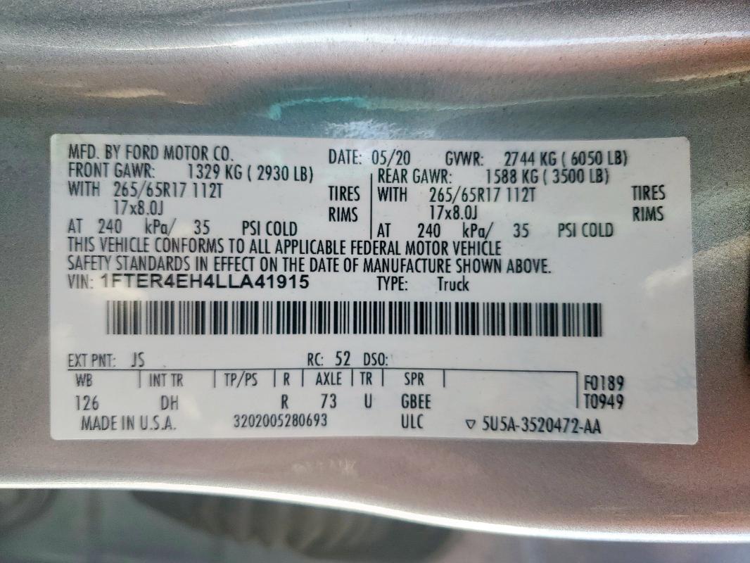 2020 FORD RANGER XL 1FTER4EH4LLA41915
