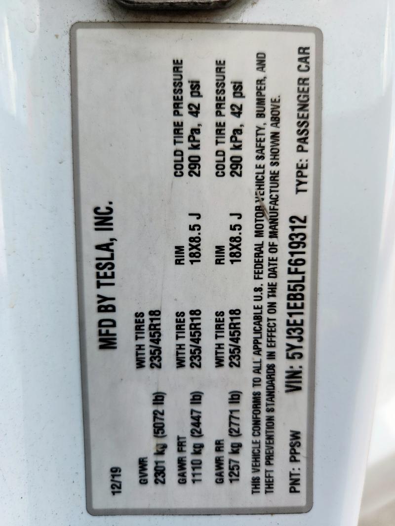 2020 TESLA MODEL 3 - 5YJ3E1EB5LF619312