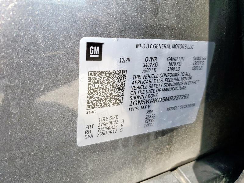 2021 CHEVROLET TAHOE K150 1GNSKRKD5MR237261