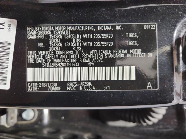 2022 TOYOTA HIGHLANDER XSE 5TDJZRBH2NS190633