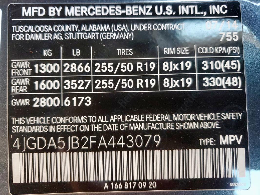 2015 MERCEDES-BENZ ML 350 4JGDA5JB2FA443079