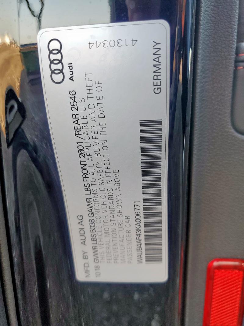2019 AUDI S4 PREMIUM WAUB4AF43KA006771