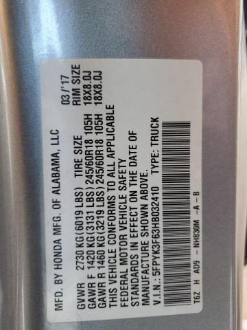 2017 HONDA RIDGELINE 5FPYK3F63HB032410