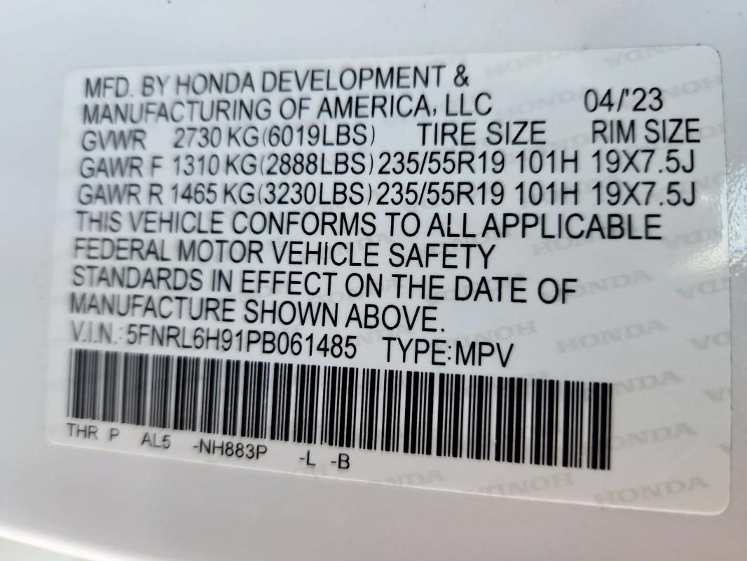 2023 HONDA ODYSSEY EL 5FNRL6H91PB061485