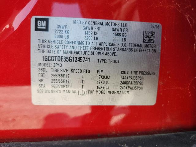 2016 CHEVROLET COLORADO Z71 1GCGTDE35G1345741