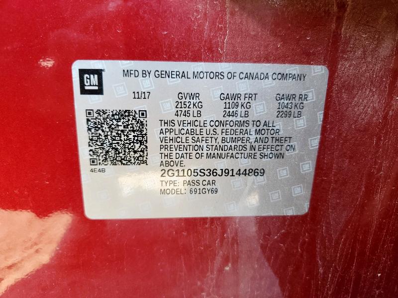 2018 CHEVROLET IMPALA LT 2G1105S36J9144869