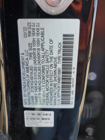 2022 HONDA RIDGELINE SPORT 5FPYK3F13NB019981