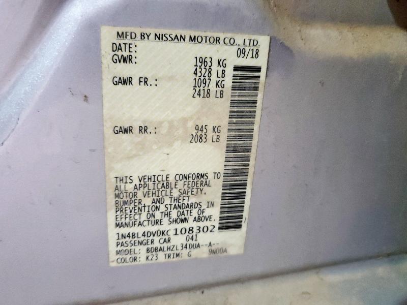 2019 NISSAN ALTIMA SV 1N4BL4DV0KC108302